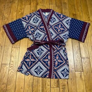 Japna Lounge Kimono Robe Blue Maroon Geometric Tile Print Wrap Belted Medium